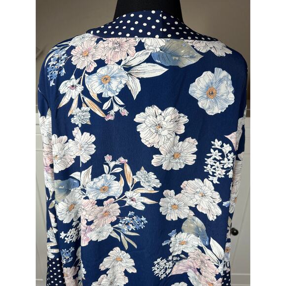 Suzanne Betro Floral Polka Dot Printed Kimono Top Cardigan Blue Long Sleeves 1X - Picture 7 of 14